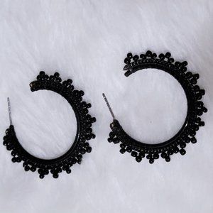 Black hoop "lace" pierced earrings with small beads